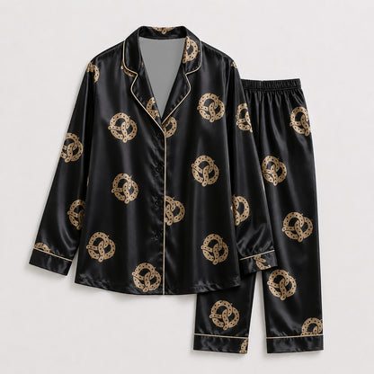 PJ-156-Satin Black Pretzel Gold Piping Button Up Pajama Set FREE SHIPING