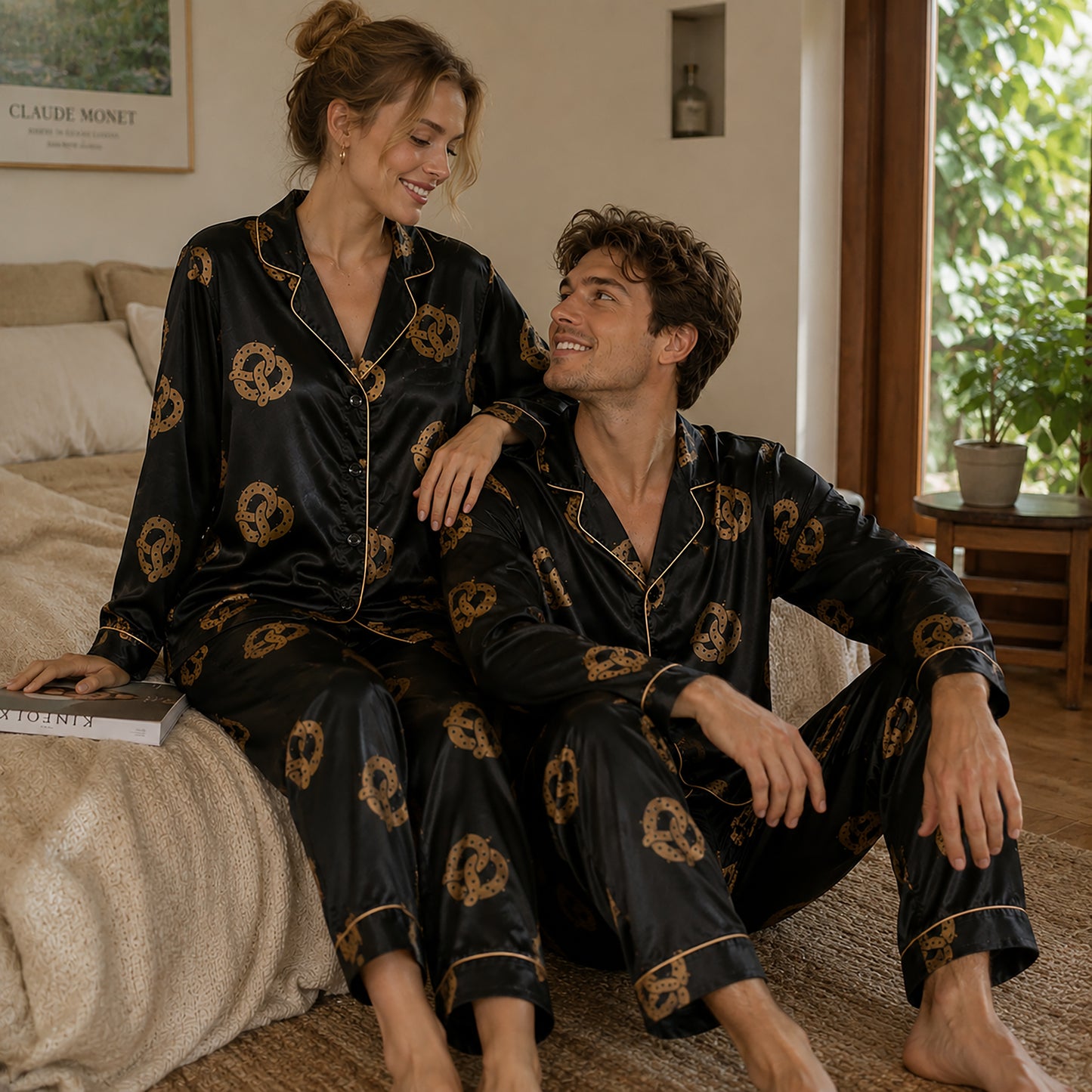 PJ-156-Satin Black Pretzel Gold Piping Button Up Pajama Set FREE SHIPING