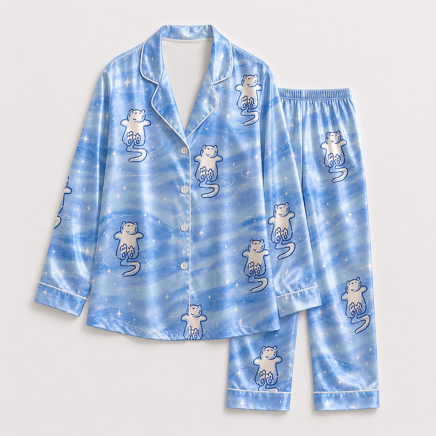 PJ-157-Satin Sky Blue Celestial Kitty White Piping Button Up Pajama Set FREE SHIPING