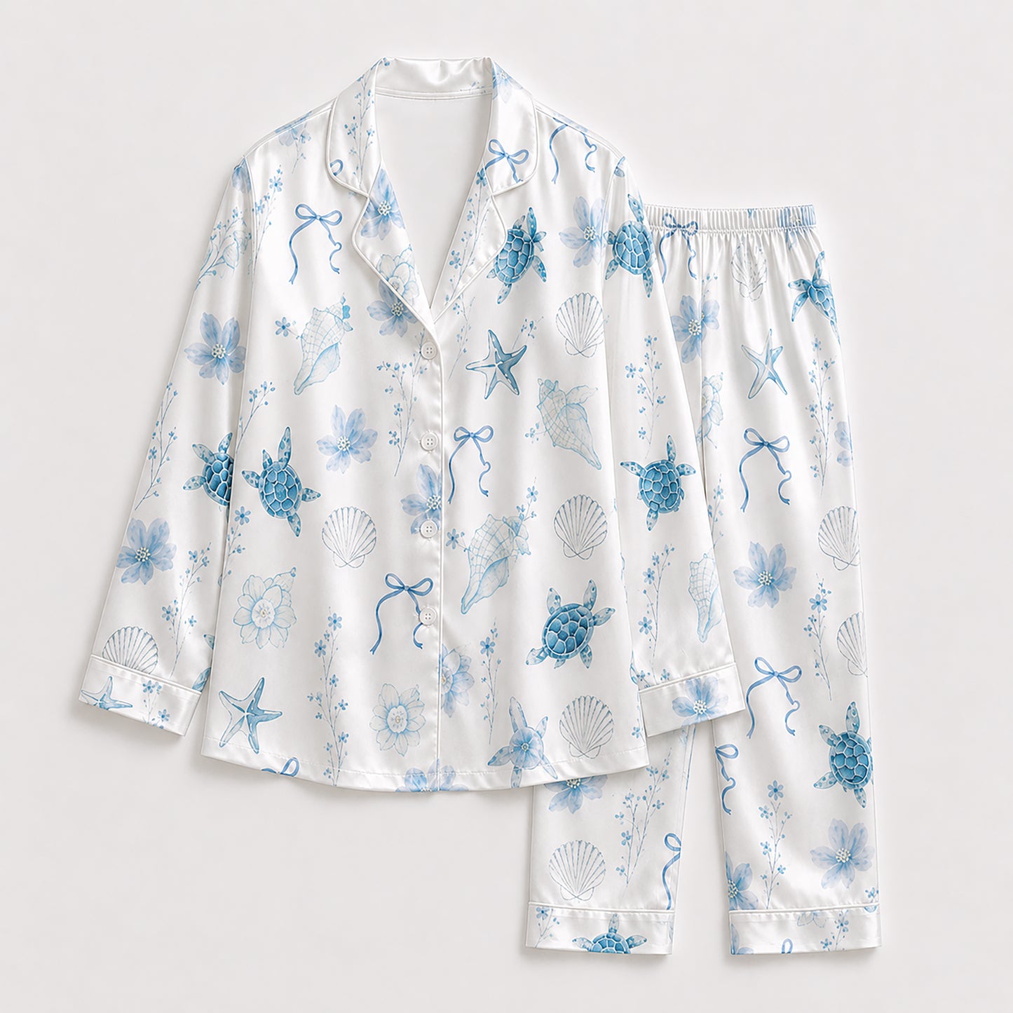 PJ-158-Satin White Watercolor Turtle Classic Piping Button Up Pajama Set FREE SHIPING