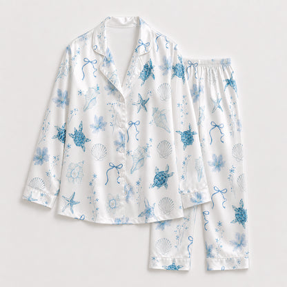 PJ-158-Satin White Watercolor Turtle Classic Piping Button Up Pajama Set FREE SHIPING