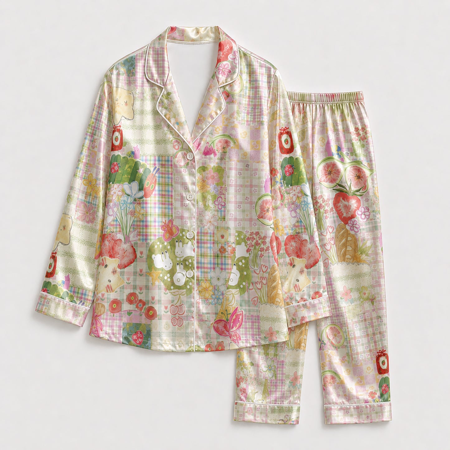 PJ-159-Satin Pastel Patchwork Storybook Picnic White Piping Button Up Pajama Set FREE SHIPING