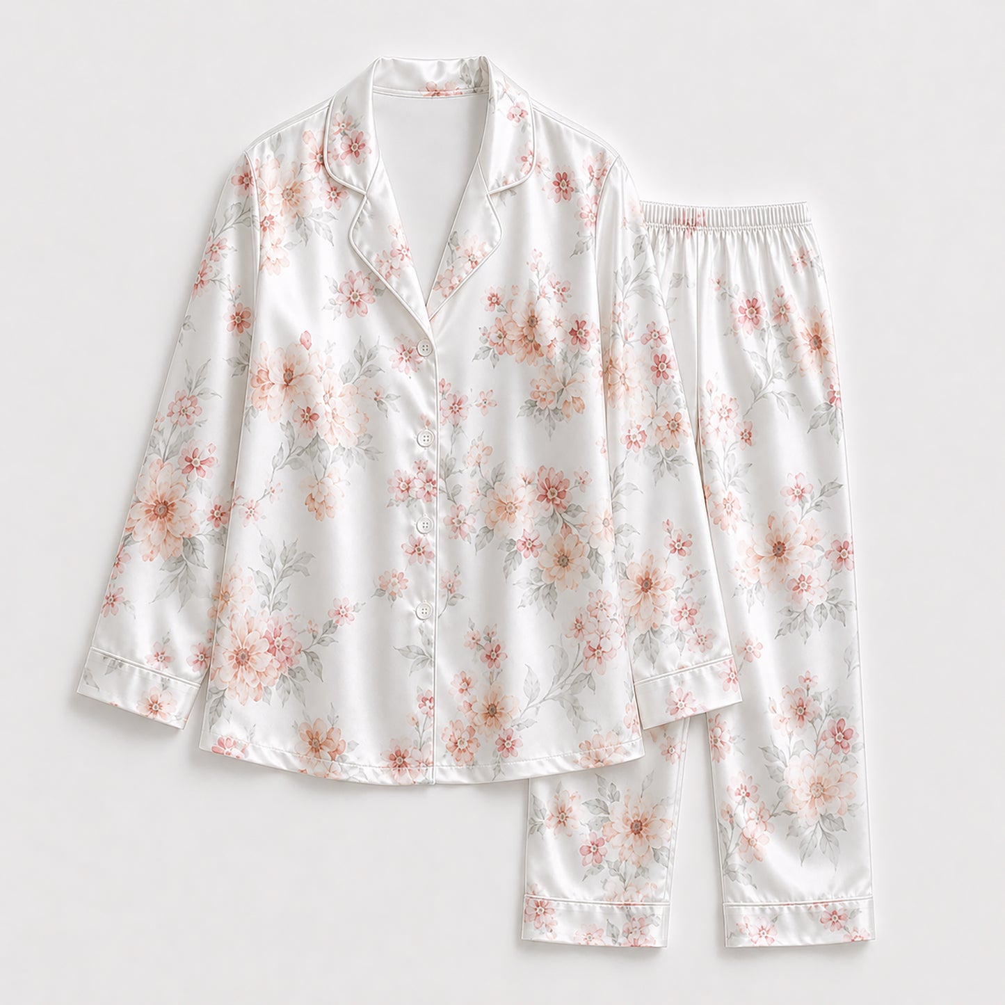 PJ-160-Satin White Soft Peony Classic Piping Button Up Pajama Set FREE SHIPING