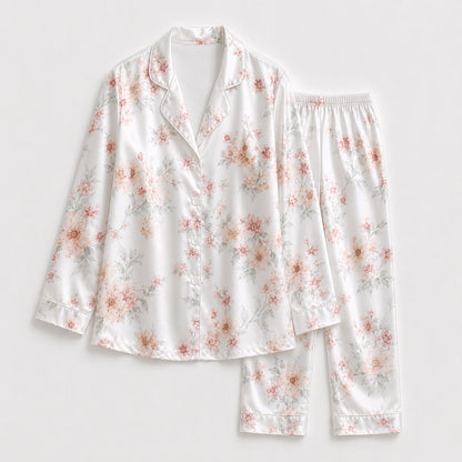 PJ-160-Satin White Soft Peony Classic Piping Button Up Pajama Set FREE SHIPING