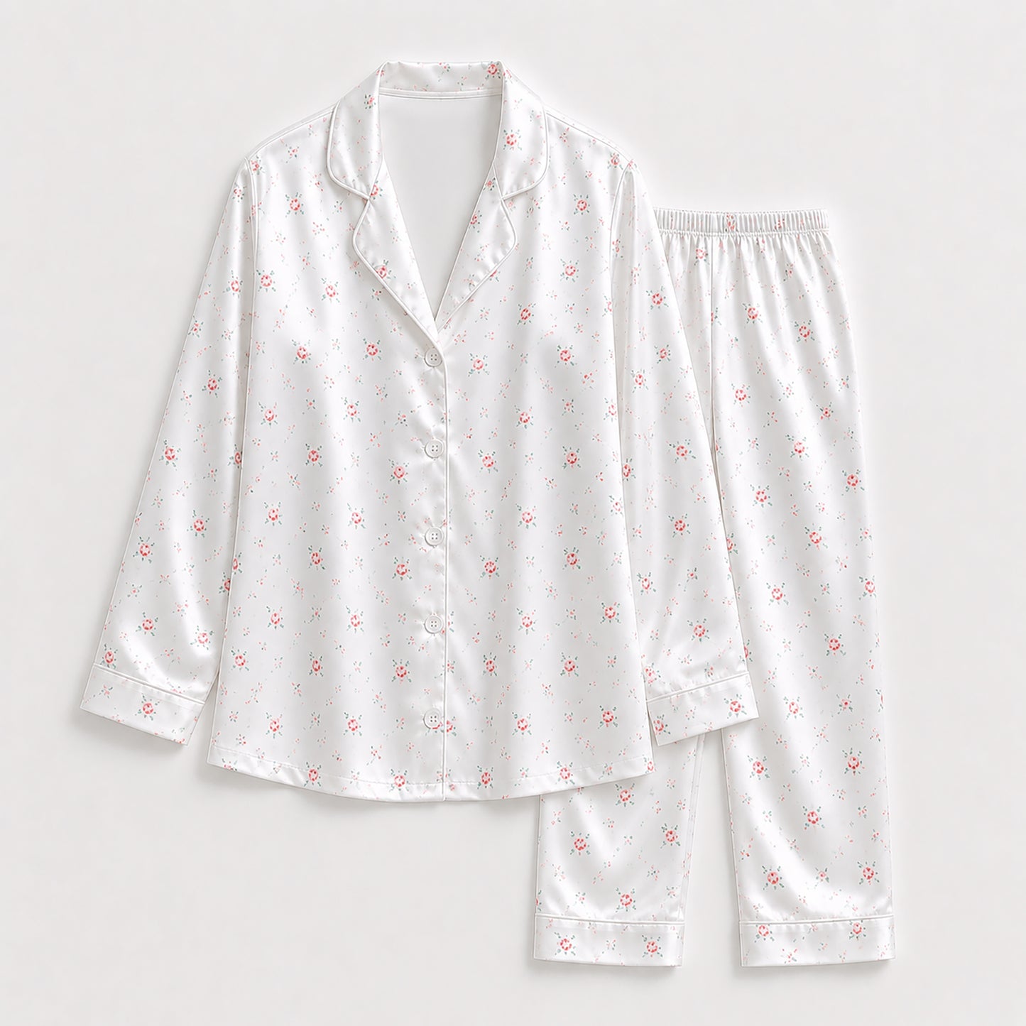 PJ-161-Satin White Ditsy Rose Classic Piping Button Up Pajama Set FREE SHIPING