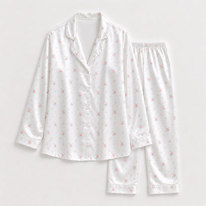 PJ-161-Satin White Ditsy Rose Classic Piping Button Up Pajama Set FREE SHIPING