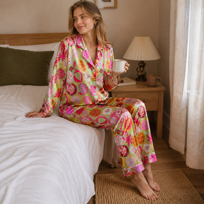 PJ-162-Satin Vivid Green Pomegranate Bloom White Piping Button Up Pajama Set FREE SHIPING