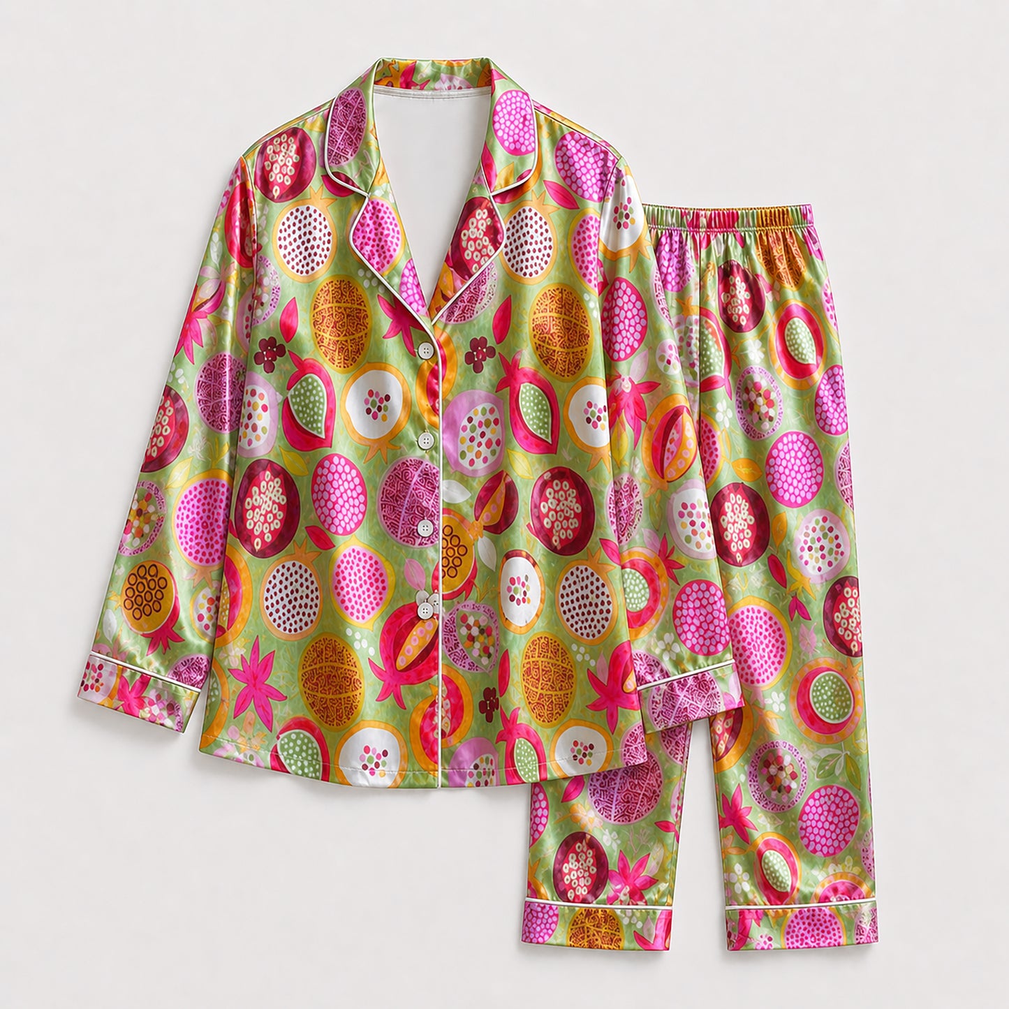 PJ-162-Satin Vivid Green Pomegranate Bloom White Piping Button Up Pajama Set FREE SHIPING