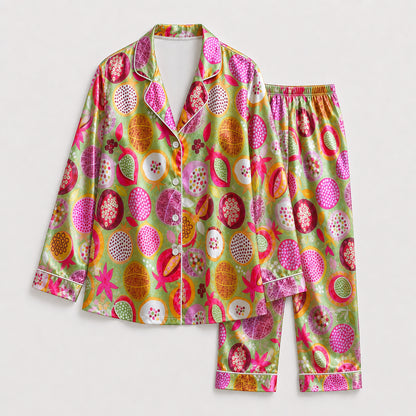 PJ-162-Satin Vivid Green Pomegranate Bloom White Piping Button Up Pajama Set FREE SHIPING