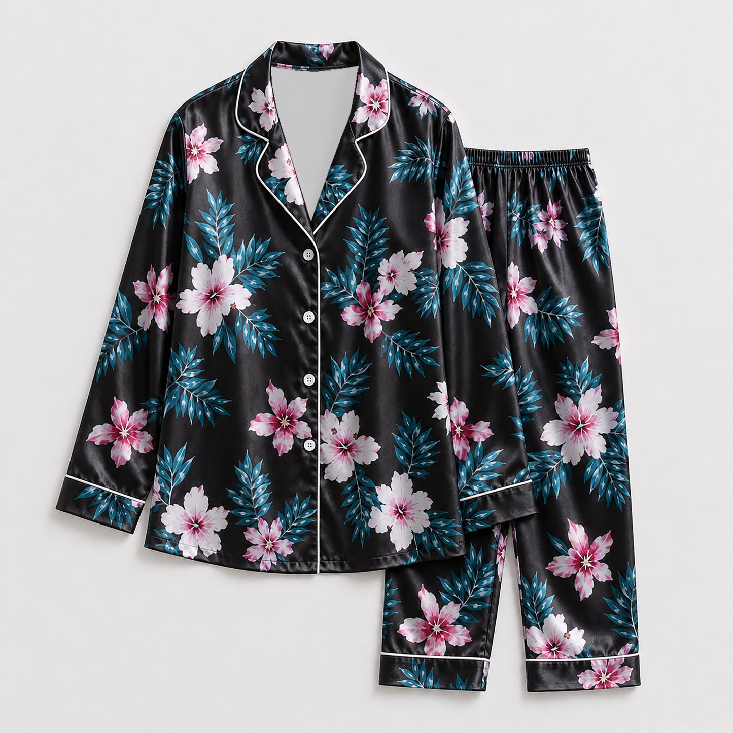 PJ-163-Satin Black Teal Hibiscus White Piping Button Up Pajama Set FREE SHIPING