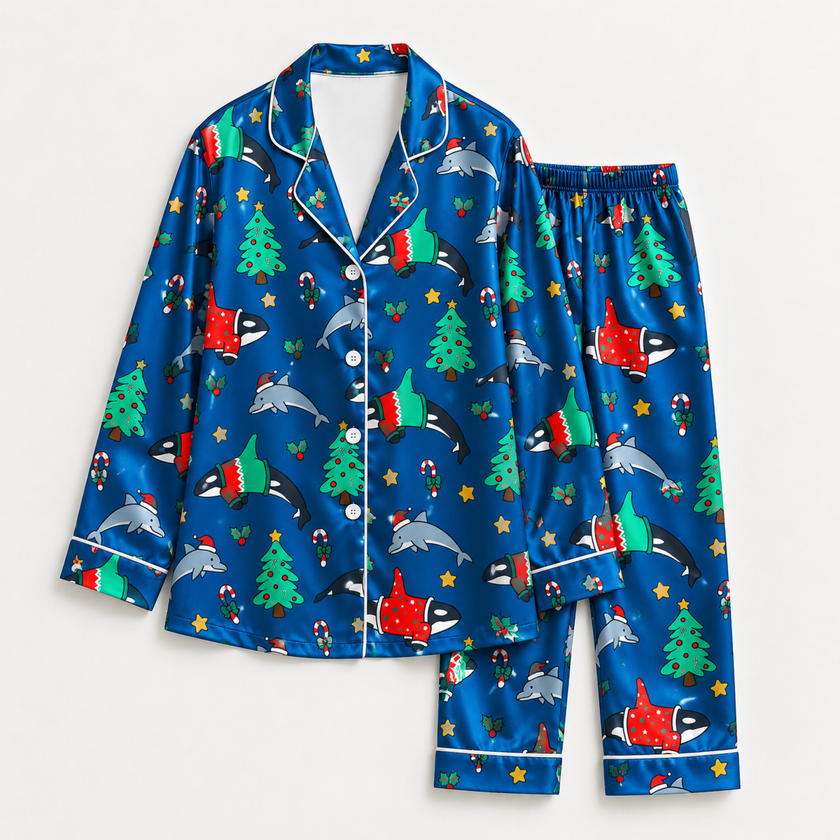 PJ-1634-Christmas Shark Satin Pajama Set, Santa Shark Christmas Tree Holiday Ocean Sleepwear