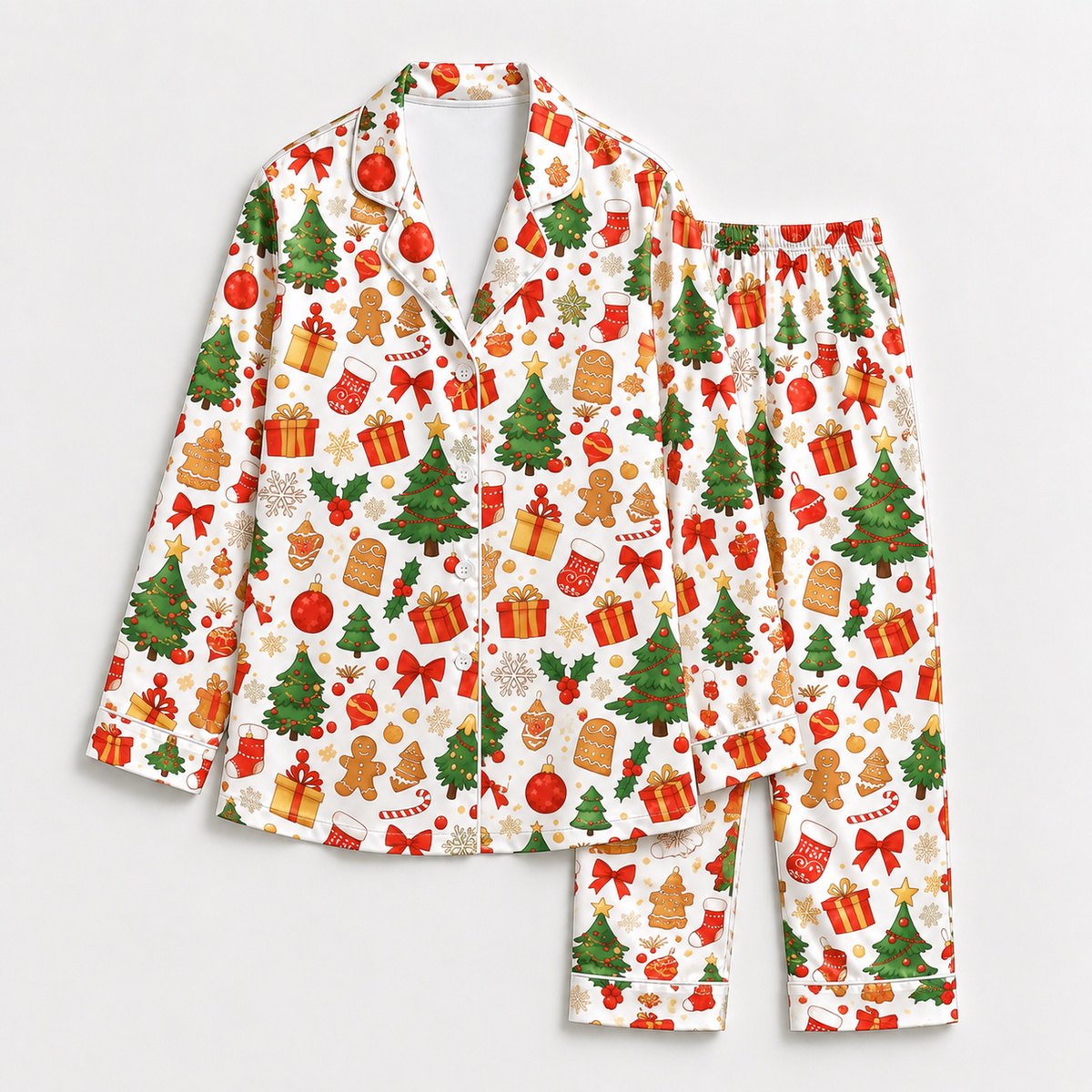 PJ-1639-Classic Christmas Satin Pajama Set, Christmas Tree Gingerbread Gift Candy Cane Holiday Sleepwear