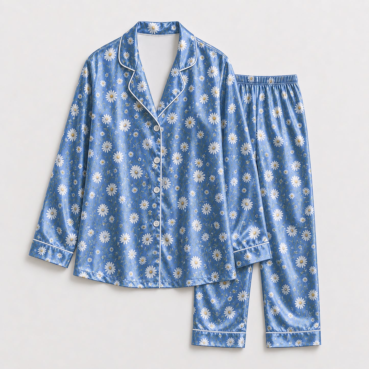 PJ-164-Satin Cornflower Blue Daisy Meadow White Piping Button Up Pajama Set FREE SHIPING