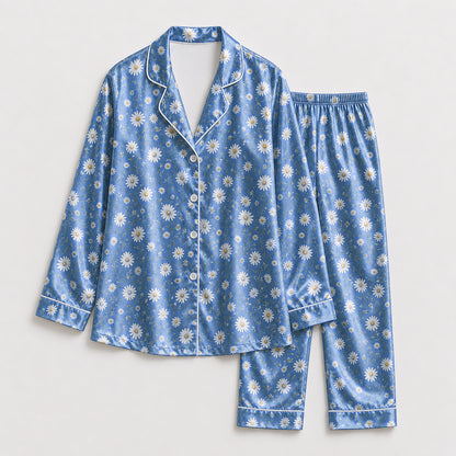 PJ-164-Satin Cornflower Blue Daisy Meadow White Piping Button Up Pajama Set FREE SHIPING