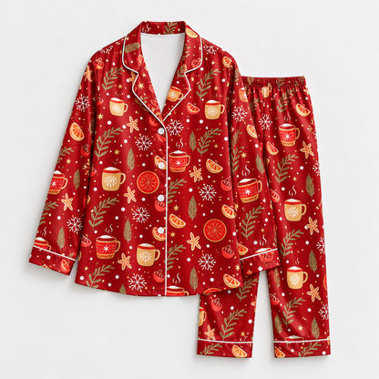 PJ-1641-Cozy Christmas Cocoa Satin Pajama Set, Gingerbread Orange Snowflake Holiday Winter Sleepwear