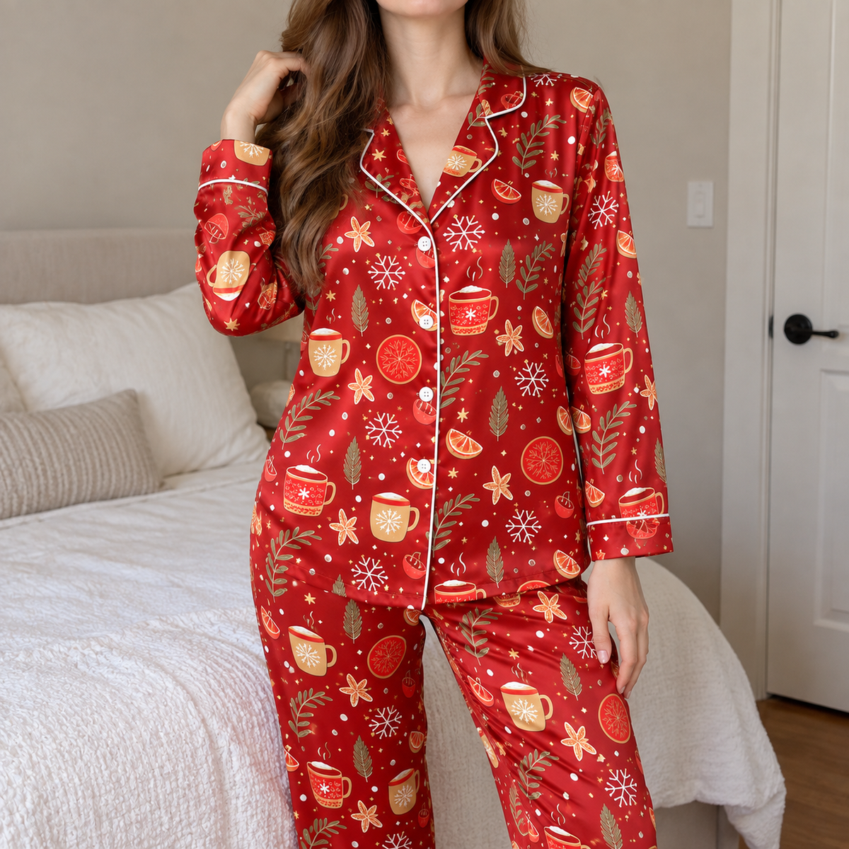 PJ-1641-Cozy Christmas Cocoa Satin Pajama Set, Gingerbread Orange Snowflake Holiday Winter Sleepwear