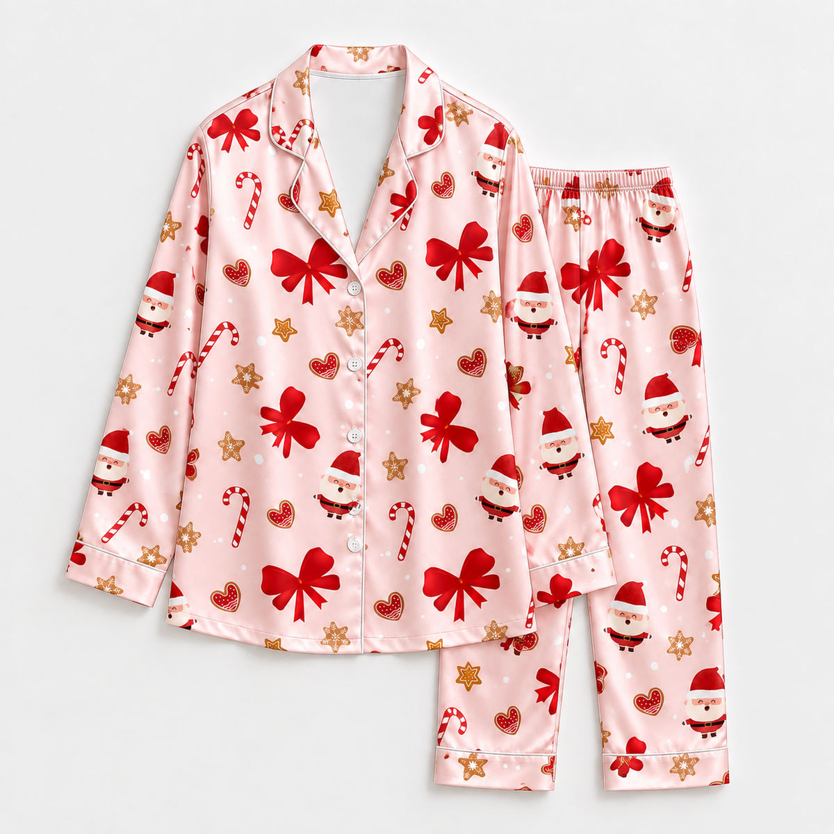 PJ-1643-Pink Santa Christmas Satin Pajama Set, Red Bow Candy Cane Gingerbread Holiday Sleepwear