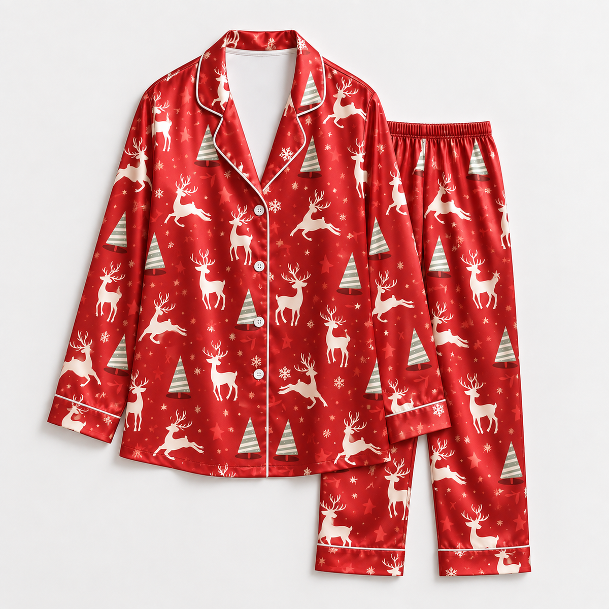 PJ-1644-Red Reindeer Christmas Satin Pajama Set, Christmas Tree Snowflake Festive Holiday Sleepwear