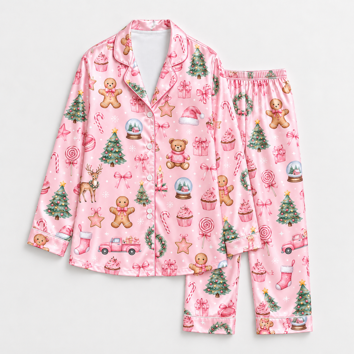 PJ-1647-Pink Christmas Satin Pajama Set, Gingerbread Teddy Bear Christmas Tree Candy Cane Holiday Sleepwear