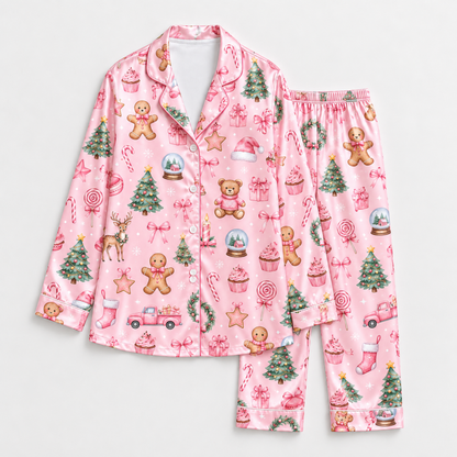 PJ-1647-Pink Christmas Satin Pajama Set, Gingerbread Teddy Bear Christmas Tree Candy Cane Holiday Sleepwear