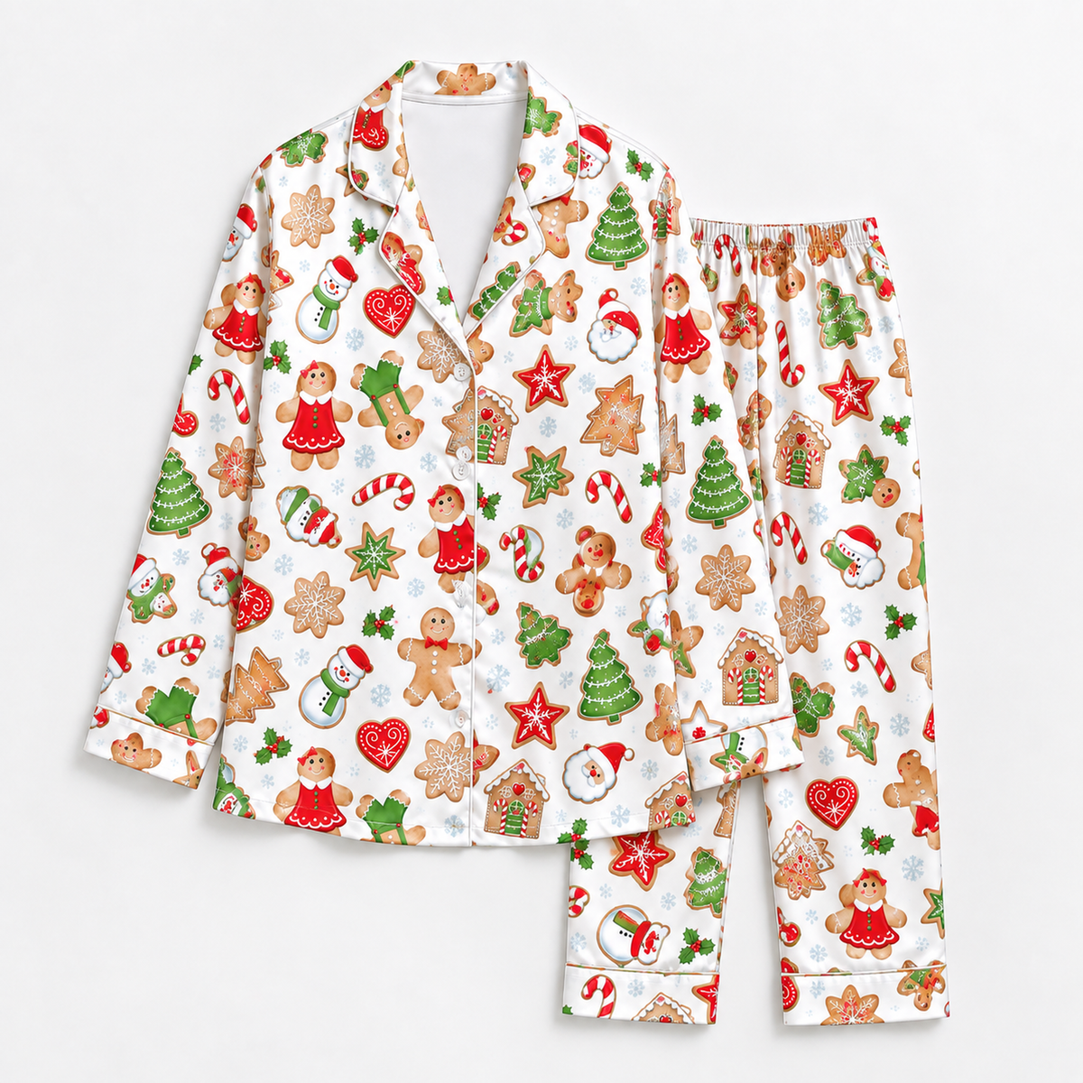 PJ-1648-Gingerbread Christmas Satin Pajama Set, Santa Snowman Christmas Tree Candy Cane Holiday Sleepwear