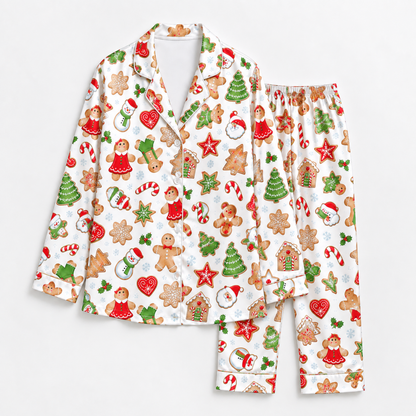 PJ-1648-Gingerbread Christmas Satin Pajama Set, Santa Snowman Christmas Tree Candy Cane Holiday Sleepwear