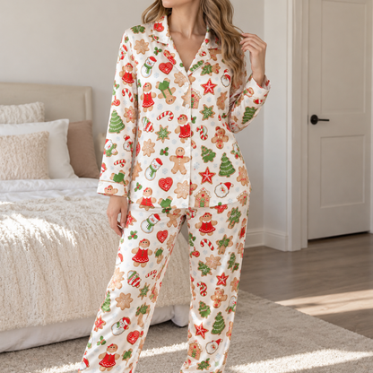 PJ-1648-Gingerbread Christmas Satin Pajama Set, Santa Snowman Christmas Tree Candy Cane Holiday Sleepwear