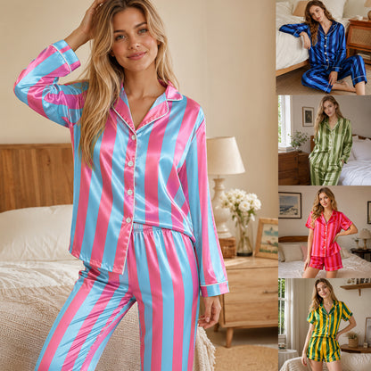 PJ-165-Unisex Satin Pajama Set with Colorful Striped Print Button Down Sleepwear Shirt and Bottoms FREE SHIPING
