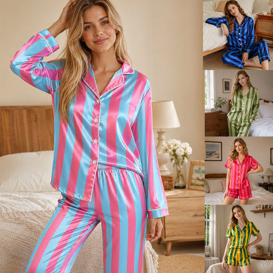 PJ-165-Unisex Satin Pajama Set with Colorful Striped Print Button Down Sleepwear Shirt and Bottoms FREE SHIPING