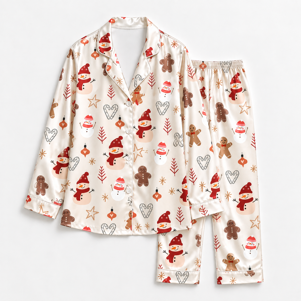 PJ-1651-Snowman Gingerbread Christmas Satin Pajama Set, Winter Star Holiday Festive Sleepwear