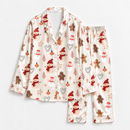 PJ-1651-Snowman Gingerbread Christmas Satin Pajama Set, Winter Star Holiday Festive Sleepwear
