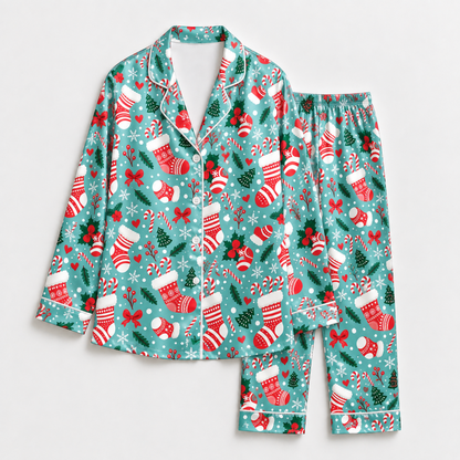 PJ-1653-Christmas Stocking Satin Pajama Set, Candy Cane Holly Christmas Tree Festive Holiday Sleepwear