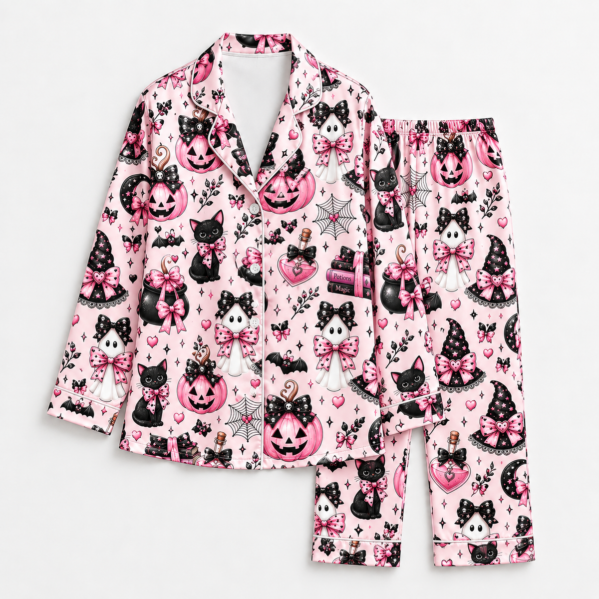 PJ-1654-Pink Spooky Halloween Satin Pajama Set, Black Cat Pumpkin Ghost Bow Witchy Cute Sleepwear
