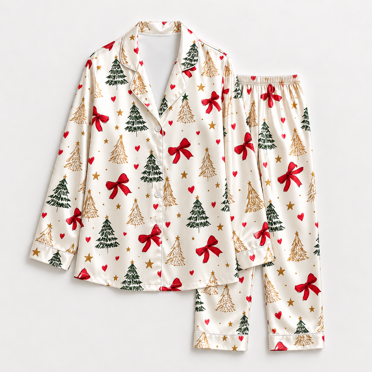 PJ-1655-Coquette Christmas Satin Pajama Set, Red Bow Christmas Tree Heart Festive Holiday Sleepwear