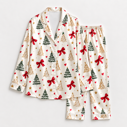 PJ-1655-Coquette Christmas Satin Pajama Set, Red Bow Christmas Tree Heart Festive Holiday Sleepwear