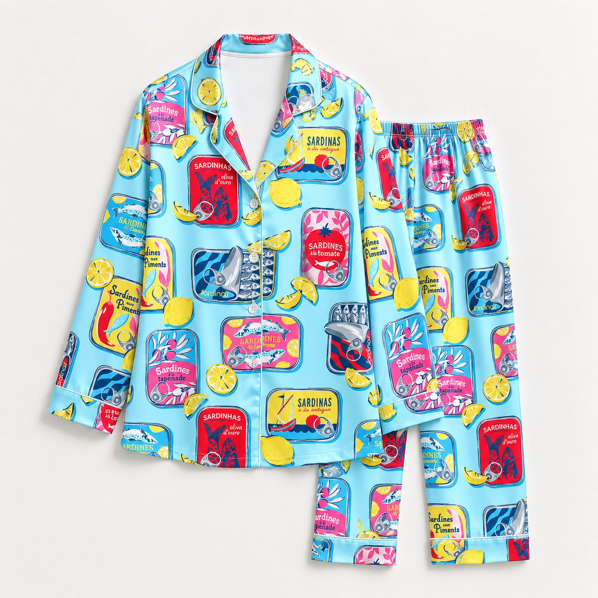 PJ-1656-Colorful Sardine Satin Pajama Set, Tinned Fish Lemon Seafood Coastal Summer Sleepwear