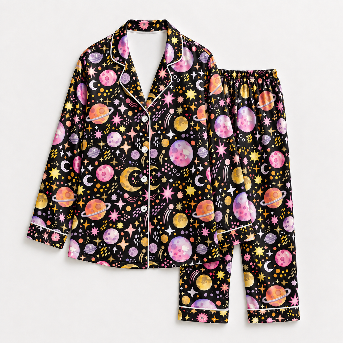 PJ-1657-Celestial Galaxy Satin Pajama Set, Colorful Planet Moon Star Cosmic Astrology Sleepwear