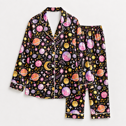 PJ-1657-Celestial Galaxy Satin Pajama Set, Colorful Planet Moon Star Cosmic Astrology Sleepwear