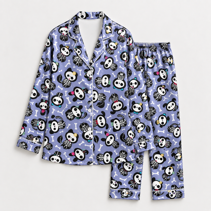 PJ-1658-Cute Skeleton Panda Satin Pajama Set, Spooky Bones Gothic Panda Halloween Sleepwear