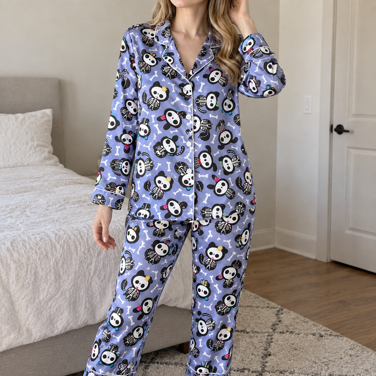 PJ-1658-Cute Skeleton Panda Satin Pajama Set, Spooky Bones Gothic Panda Halloween Sleepwear