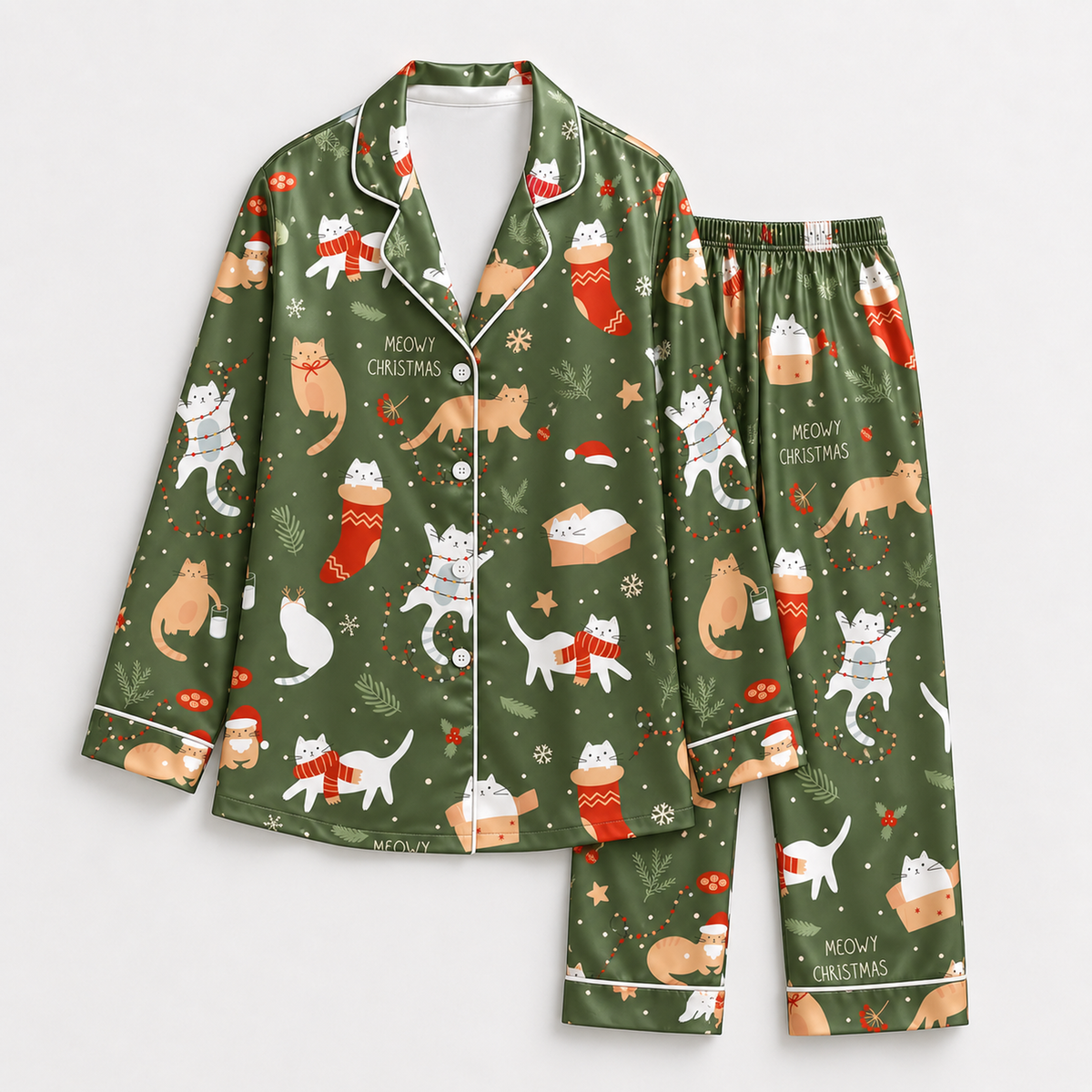 PJ-1659-Christmas Cat Satin Pajama Set, Cozy Kitty Stocking Snowflake Festive Holiday Sleepwear
