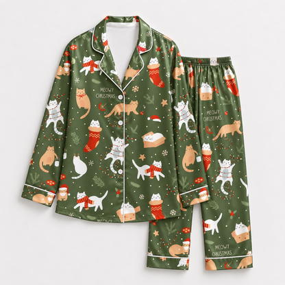 PJ-1659-Christmas Cat Satin Pajama Set, Cozy Kitty Stocking Snowflake Festive Holiday Sleepwear