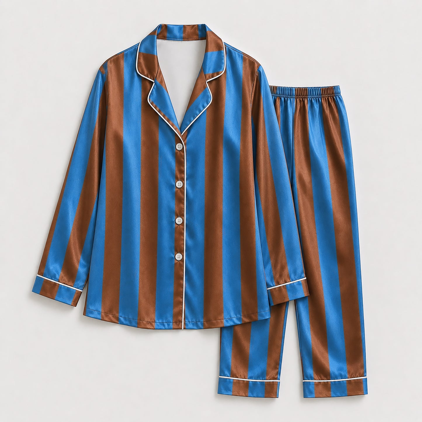 PJ-165-Unisex Satin Pajama Set with Colorful Striped Print Button Down Sleepwear Shirt and Bottoms FREE SHIPING