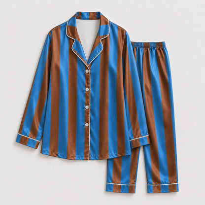 PJ-165-Unisex Satin Pajama Set with Colorful Striped Print Button Down Sleepwear Shirt and Bottoms FREE SHIPING