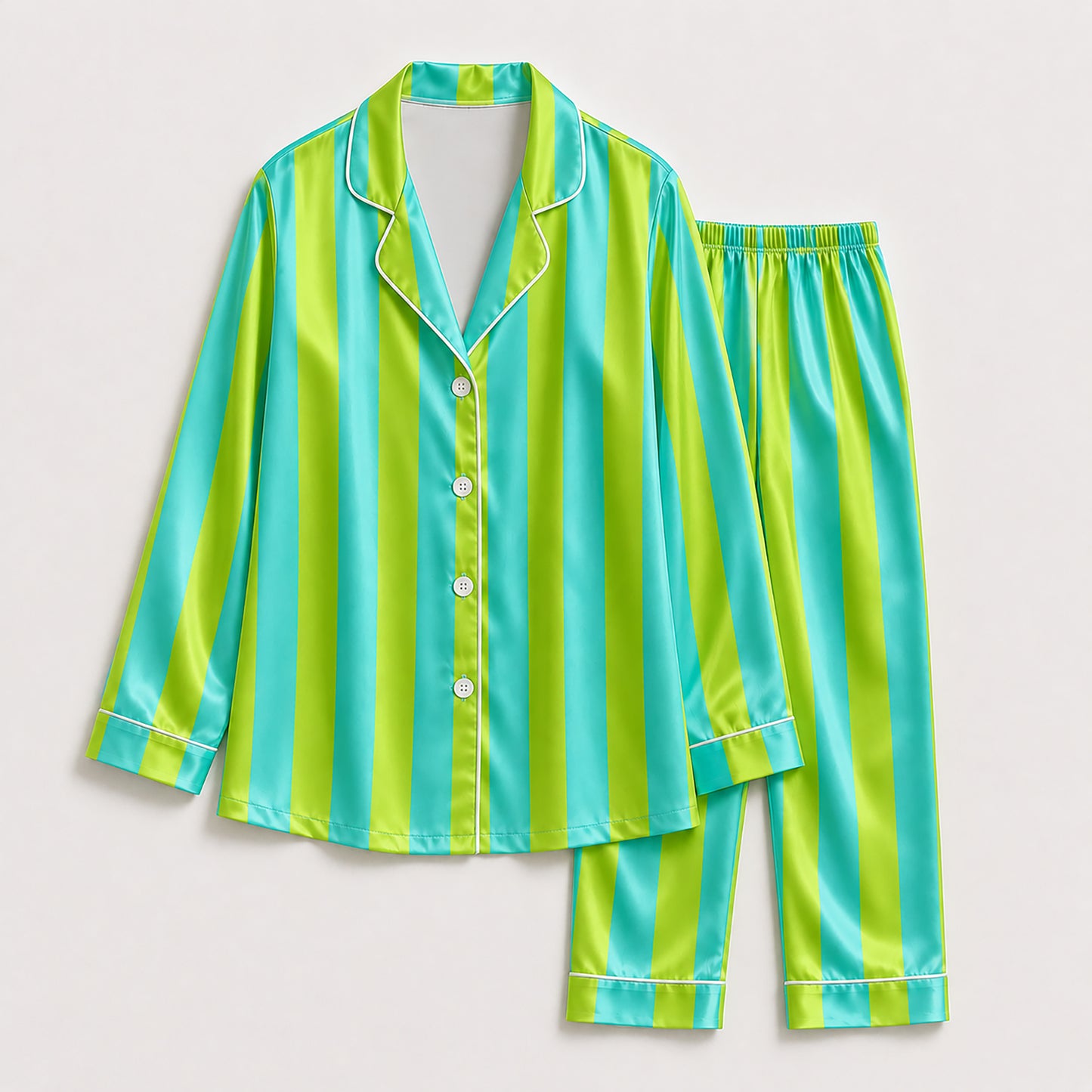 PJ-165-Unisex Satin Pajama Set with Colorful Striped Print Button Down Sleepwear Shirt and Bottoms FREE SHIPING