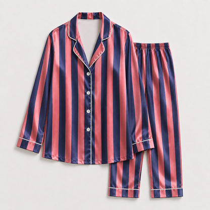PJ-165-Unisex Satin Pajama Set with Colorful Striped Print Button Down Sleepwear Shirt and Bottoms FREE SHIPING