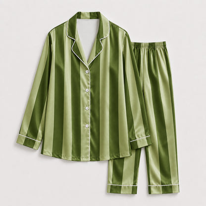 PJ-165-Unisex Satin Pajama Set with Colorful Striped Print Button Down Sleepwear Shirt and Bottoms FREE SHIPING