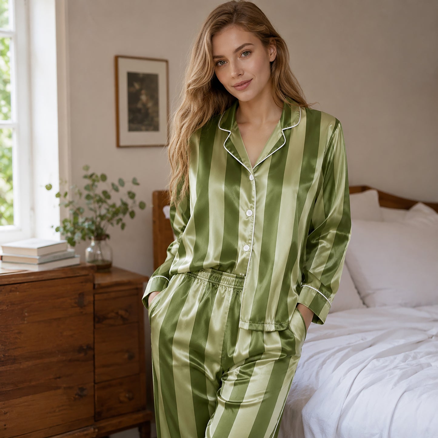 PJ-165-Unisex Satin Pajama Set with Colorful Striped Print Button Down Sleepwear Shirt and Bottoms FREE SHIPING