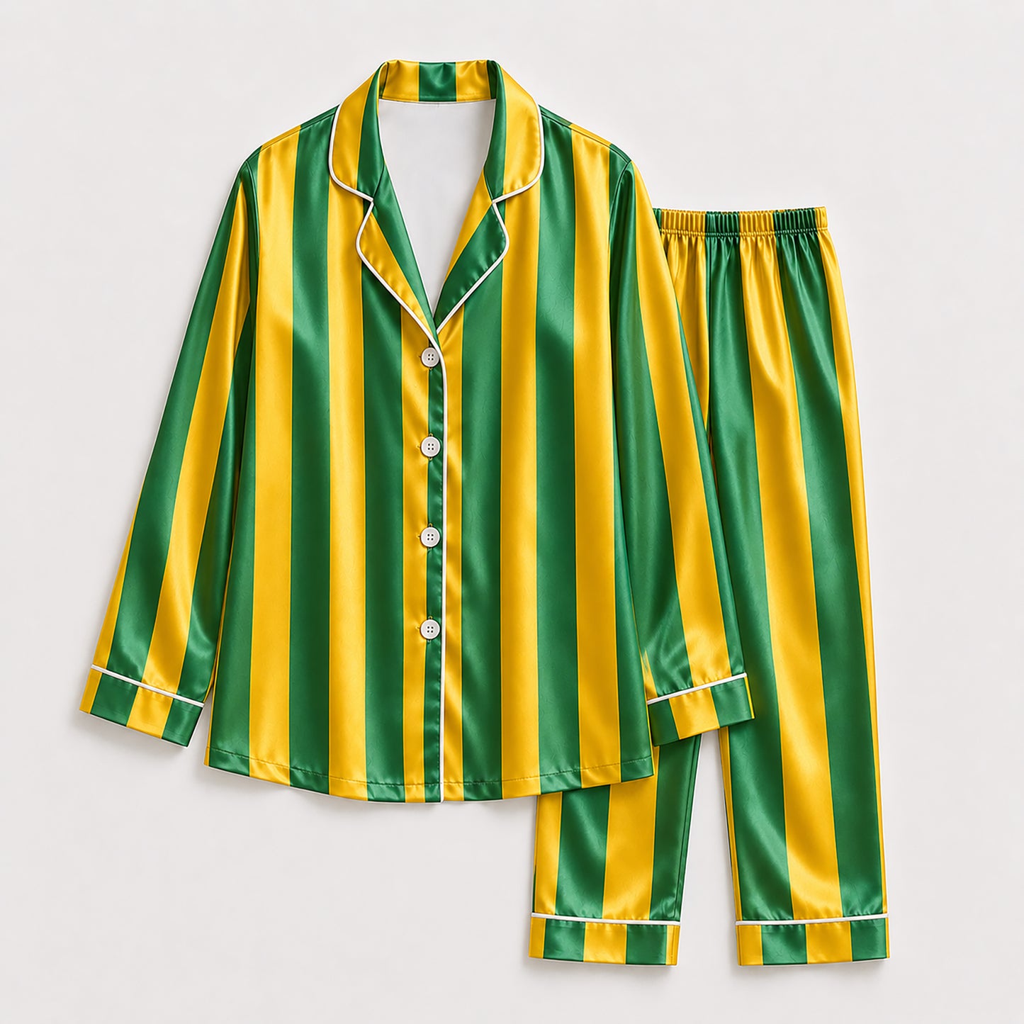PJ-165-Unisex Satin Pajama Set with Colorful Striped Print Button Down Sleepwear Shirt and Bottoms FREE SHIPING