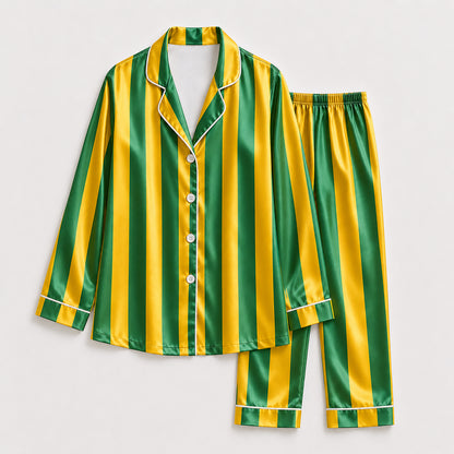 PJ-165-Unisex Satin Pajama Set with Colorful Striped Print Button Down Sleepwear Shirt and Bottoms FREE SHIPING